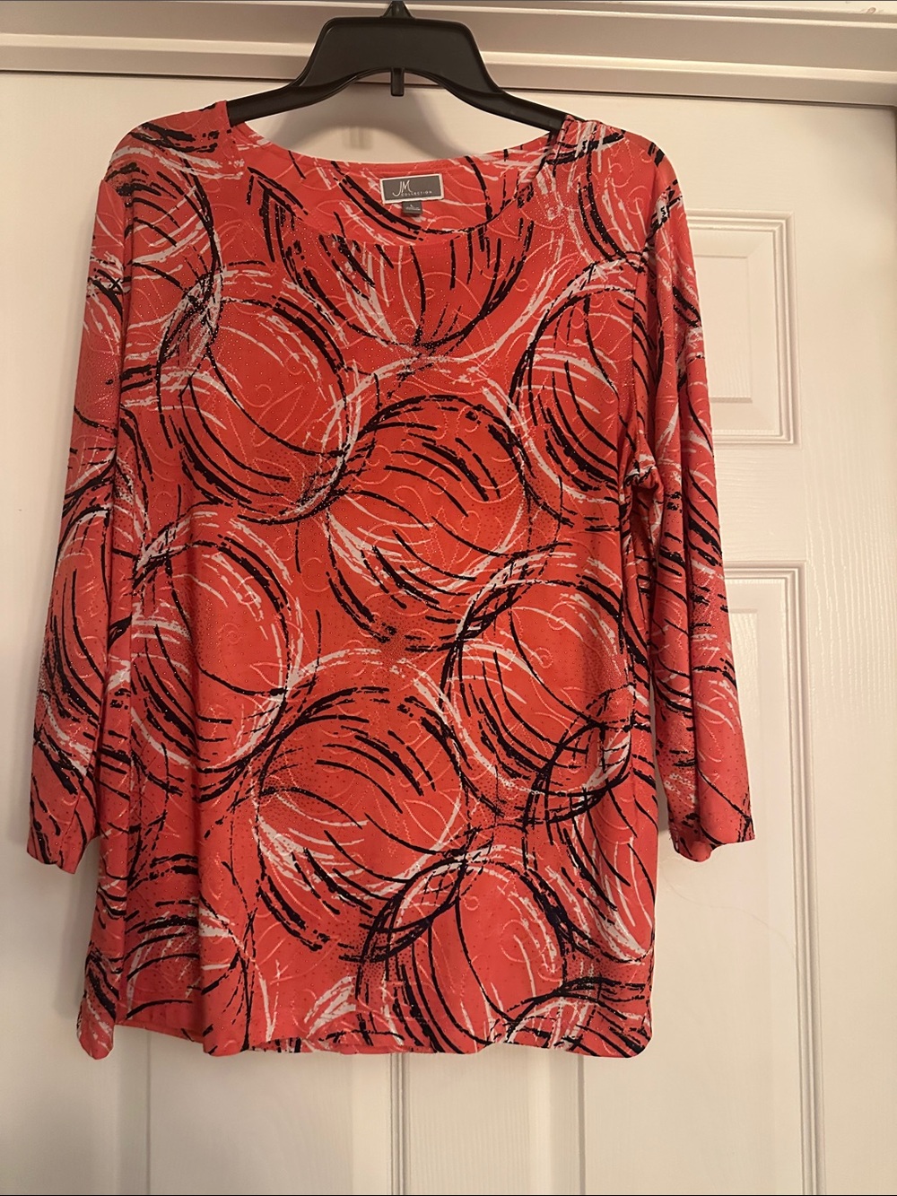 JM Collection Coral and Black Abstract Circle 3/4 -Sleeve Top